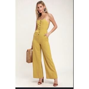 Lulus Mustard Yellow Lace Up Jumpsuit Cotton Linen Medium